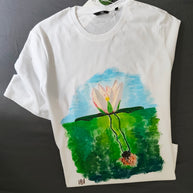 Handbemaltes T-Shirt mit Wasserlilie-Motiv Acrylfarben Bio Baumwolle Größe L