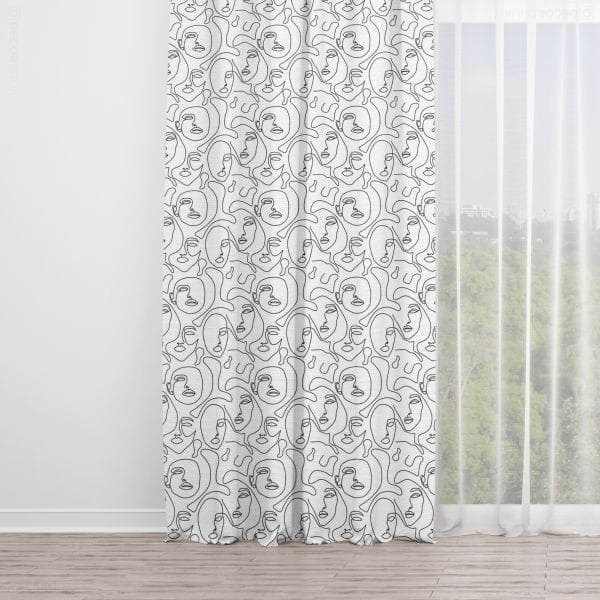 Vorhang für Jugendzimmer schwarz weiß mit Gesichtern als Muster