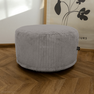 Sitzsack rund aus Cord Farbe Grau als Fußhocker für Erwachsene oder Sitzhocker für Kinder.