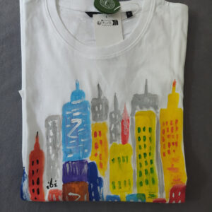 Handbemaltes T-Shirt Wolkenkratzer bunt Unikat